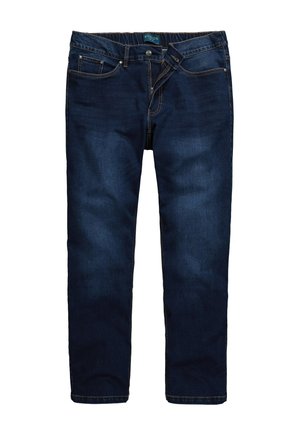 Donkerdenim jeans met een rechte pijp, in een vijf-pocketstijl, voorzien van contrasterende gele stiksels en een sluiting met een voorknop.