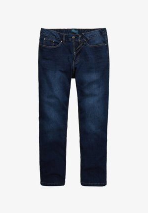 Donkerdenim jeans met een rechte pijp, in een vijf-pocketstijl, voorzien van contrasterende gele stiksels en een sluiting met een voorknop.
