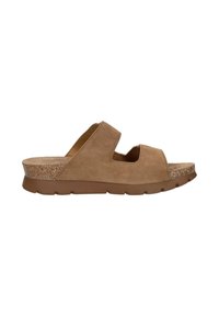 Brown suede slide sandal with two wide straps, cork footbed, and thick brown rubber sole, side view.
