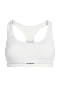 White ribbed sports bra featuring a racerback design, thin straps, and a branded elastic band with "Calvin Klein" in black lettering.