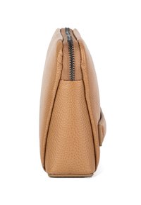 Tan leather bag with a textured surface, rectangular shape, and a top zipper closure. Features a side tab for easy handling.