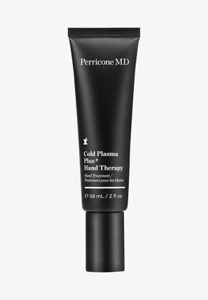 Tube noire avec une finition mate, présentant un texte blanc. Capuchon à la base, étiqueté "Cold Plasma Plus + Hand Therapy," taille de 59 mL.