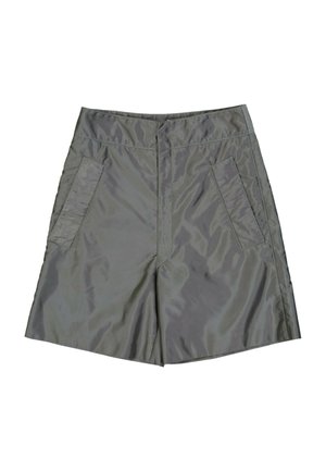 Grijze shorts met hoge taille van een gladde, licht glanzende stof, met twee schuine voorzakken en een centrale naad aan de voorkant.