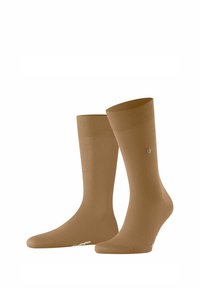 Chaussettes marron montantes jusqu'au genou avec un poignet côtelé, présentant une texture lisse et un petit logo sur la semelle. Fabriquées en matériau flexible.