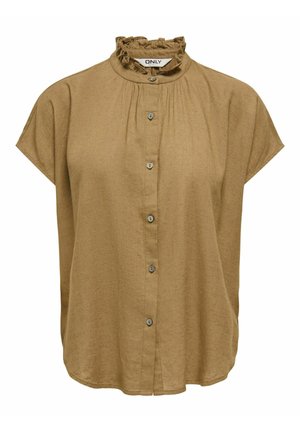 Brun kortærmet bluse med flæsekrave og seks knapper foran, lavet af blødt, let stof.