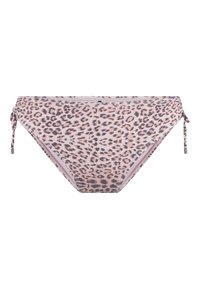 Spodní díl bikiny s leopardím potiskem a šňůrkami po stranách; má růžový a černý vzor na texturované látce. Standardní střih a bezešvý design.