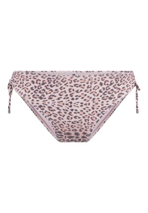 Slipping bikini bottom con stampa leopardata con lacci ai lati; presenta un motivo rosa e nero su un tessuto testurizzato. Taglio standard e design senza cuciture.