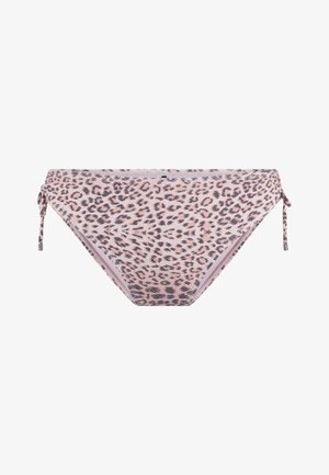 Bikini-broekje met luipaardprint en strikken aan de zijkanten; heeft een roze en zwart patroon op een textuurstof. Standaard snit en naadloos ontwerp.