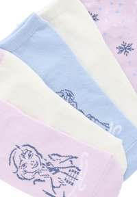Drei Paare Socken in Pastellfarben, in Pink, Blau und Weiß, mit Cartoon-Charakteren und Schneeflocken-Mustern.