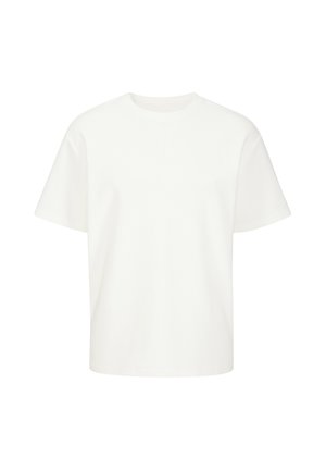 Einfaches weißes T-Shirt mit kurzen Ärmeln und Rundhalsausschnitt in regulärer Passform, auf weißem Hintergrund dargestellt.
