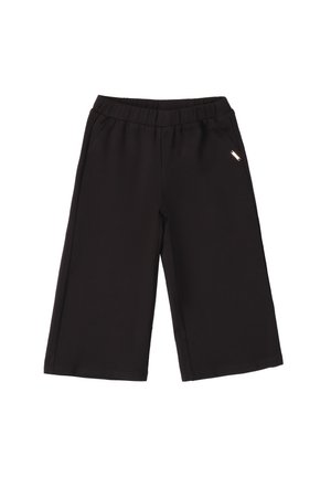 Pantalons noirs à jambe large en tissu doux avec une taille élastique. Comprend deux poches latérales et un petit logo métallique.