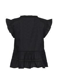 Blouse noire à manches courtes avec volants aux manches et à l'ourlet, ornée d'une bande de dentelle horizontale au-dessus du volant inférieur.