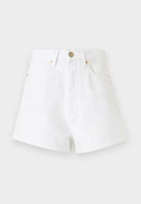 White denim shorts feature a high waist, front button closure, and gold hardware accents. Four pockets with a classic cut. Smooth texture.