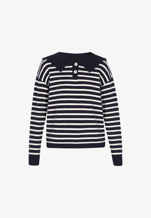 Pull rayé bleu marine et blanc avec un grand col, patte de boutonnage à trois boutons au niveau du cou, et finitions côtelées aux poignets et à l'ourlet. Texture en maille douce.
