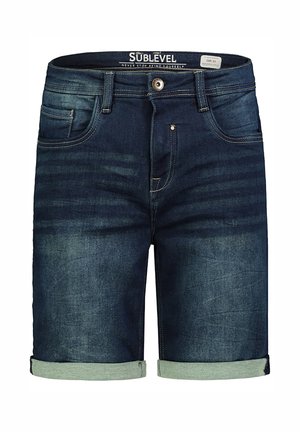 Dunkelblaue Denim-Shorts mit aufgerollten Bündchen, vorderem Knopf- und Reißverschluss sowie Vorder- und Münztaschen, Größe 33 von der Marke Sublevel.