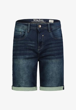 Dunkelblaue Denim-Shorts mit aufgerollten Bündchen, vorderem Knopf- und Reißverschluss sowie Vorder- und Münztaschen, Größe 33 von der Marke Sublevel.