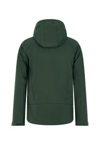 Giacca con cappuccio di colore verde scuro, realizzata in materiale impermeabile e liscio. Presenta cuciture a punto e polsini regolabili. Vista posteriore.