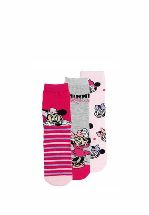 Three colorful ankle socks featuring Minnie Mouse; one with stripes and Minnie face, one grey with full Minnie, one pink with repeated Minnie faces.