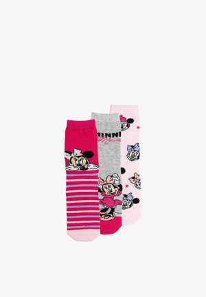 Tre calzini colorati alla caviglia con Minnie Mouse; uno a righe con il volto di Minnie, uno grigio con Minnie intera, uno rosa con volti ripetuti di Minnie.