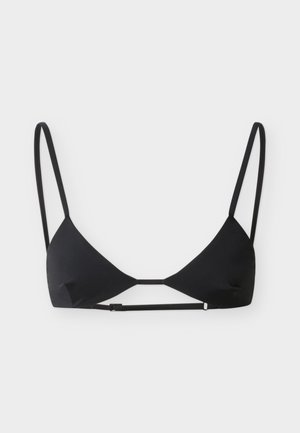 Soutien-gorge bralette noir en triangle avec bretelles étroites réglables, découpe sous la poitrine, texture lisse et design minimaliste, doté d'une fermeture par agrafe.