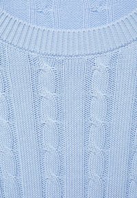 Light blue knitted sweater featuring a ribbed collar, textured cable patterns, and smooth fabric with visible stitching details.