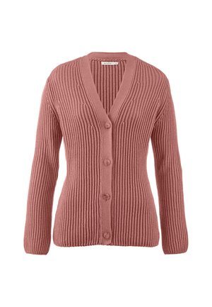 Gebreide cardigan in een stoffige rozenkleur met een V-hals, lange mouwen, vijf knopen aan de voorkant en een ribbeltextuur door het geheel.