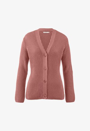 Gebreide cardigan in een stoffige rozenkleur met een V-hals, lange mouwen, vijf knopen aan de voorkant en een ribbeltextuur door het geheel.