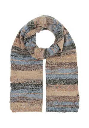 Zachte, gestructureerde sjaal met horizontale strepen in verzachte tinten blauw, bruin, beige en grijs, in een cirkel gebonden.