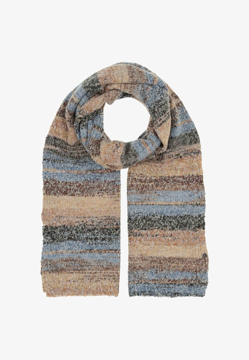 Écharpe douce au toucher avec des rayures horizontales dans des tons de bleu, marron, beige et gris atténués, enroulée en cercle.