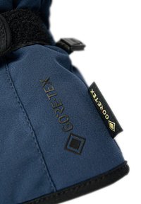 Marinblå Gore-Tex-materialhandske med texturerad tyg, utrustad med ett svart kardborreband och märkt etikett. Slät yta och förstärkt sömnad.