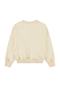 Vaaleanbeige collegepaita, jossa on pyöreä kaula-aukko, ribbauskaitaleet hihansuissa ja helmassa; sileä pinta; hieman reilu malli; ei näkyviä kuvioita tai grafiikkaa.