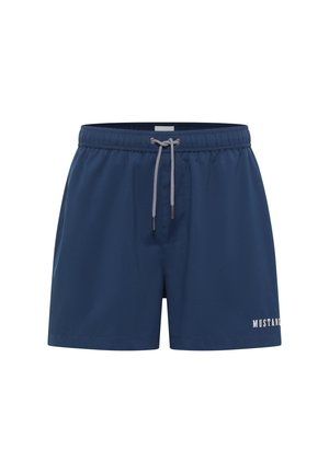 Marineblaue Herren-Badeshorts mit elastischem Bund, weißem Kordelzug und „MUSTANG“-Logo am linken Bein.