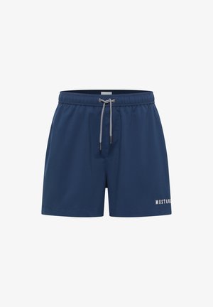 Marineblaue Herren-Badeshorts mit elastischem Bund, weißem Kordelzug und „MUSTANG“-Logo am linken Bein.