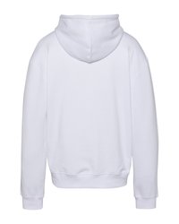 Felpa bianca a manica lunga vista da dietro, con cappuccio e polsini e vita a costine.