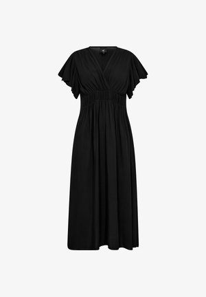 Crna haljina s dubokim V-izrezom, lepršavim rukavima i elastičnom strukom. Tkanina je glatka i lagana, s punom siluetom.