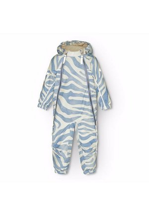Lichte blauwe en witte overall met zebraprint, voorzien van een capuchon, lange mouwen, elastische manchetten en twee zijritsen voor gemakkelijk aan- en uittrekken.
