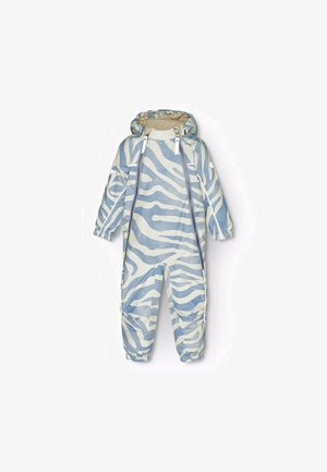 Lichte blauwe en witte overall met zebraprint, voorzien van een capuchon, lange mouwen, elastische manchetten en twee zijritsen voor gemakkelijk aan- en uittrekken.