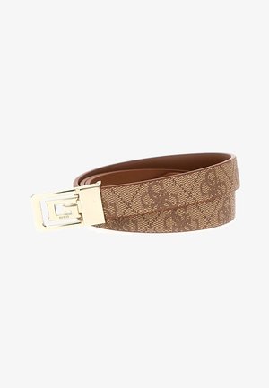 Ceinture en cuir marron avec un design à motifs et une boucle rectangulaire dorée avec un logo "G" découpé et une gravure "GUESS".
