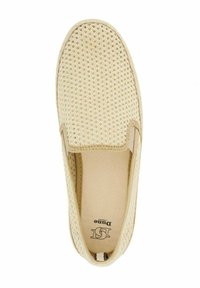 Beige slip-on shoe with mesh upper, round toe, and a cushioned insole. Features minimal stitching and soft, textured material.