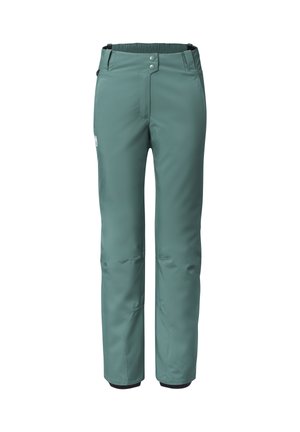 Pantalons de ski imperméables de couleur vert atténué. Les caractéristiques incluent une taille élastique, une fermeture éclair à l'avant et des poignets renforcés pour plus de durabilité.