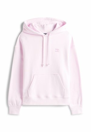 Jasnoróżowa bluza z kapturem, kieszenią z przodu, sznurkiem w kapturze, ściągaczami na rękawach i małym wyszywanym logo na lewej piersi.