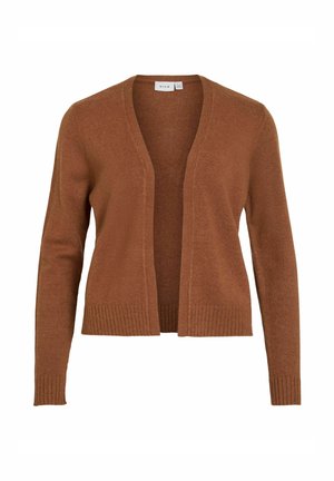 Cardigan marron à ouverture frontale, à manches longues. Fabriqué en matériau doux avec des poignets et un ourlet côtelés. Fini simple et texturé. Sans fermetures.