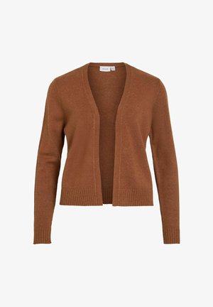 Brown, open-front cardigan with long sleeves. Made of soft material with ribbed cuffs and hem. Simple, textured finish. No fastenings.