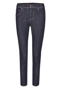 Dark blue denim jeans with a slim fit, five pockets, and contrast stitching. Features a button closure and belt loops at the waist.
