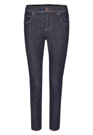 Jean en denim bleu foncé avec une coupe slim, cinq poches et des coutures contrastées. Équipé d'une fermeture à bouton et de passants de ceinture à la taille.