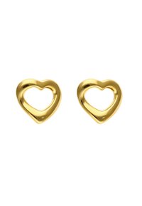 Zlaté náušnice ve tvaru srdce s hladkým, lesklým povrchem a otevřeným středem. Okraje jsou mírně zakřivené pro větší detail.