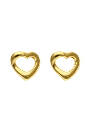 Zlaté náušnice ve tvaru srdce s hladkým, lesklým povrchem a otevřeným středem. Okraje jsou mírně zakřivené pro větší detail.