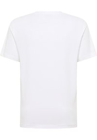 Biała bawełniana koszulka, okrągły dekolt, krótkie rękawy, jednolity kolor, gładka faktura, brak widocznych wzorów lub logo, prosty design.