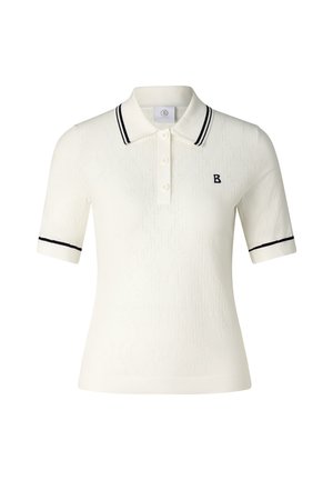 Weißes Polohemd mit kurzen Ärmeln, schwarzem Besatz am Kragen und an den Ärmeln, Dreiknopf-Leiste und einem kleinen, gestickten „B“ auf der Brust.