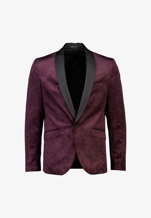 Burgunderfarbener Blazer mit schwarzen Satin-Pik-Ausschnitten, strukturiertem Blumendesign, zwei Fronttaschen, einem Knopfverschluss und Schalkragen.